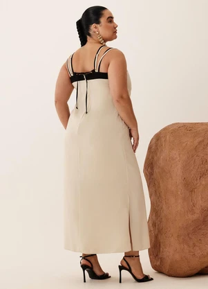 Elegance - Vestido Midi com Decote V em Metal Bege Quaker - ELEGANCE