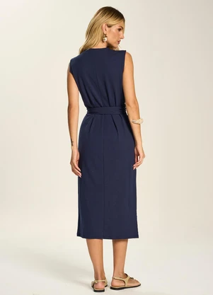 Doce Trama - Vestido Midi com Faixa para Amarração Azul - DOCE TRAMA