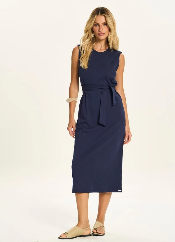 Doce Trama - Vestido Midi com Faixa para Amarração Azul