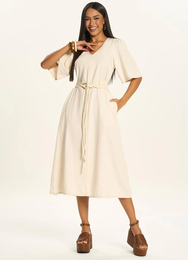Doce Trama - Vestido Midi com Faixa para Amarração Branco