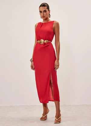 Elegance - Vestido Midi com Fenda Vermelho Red Pepper - ELEGANCE