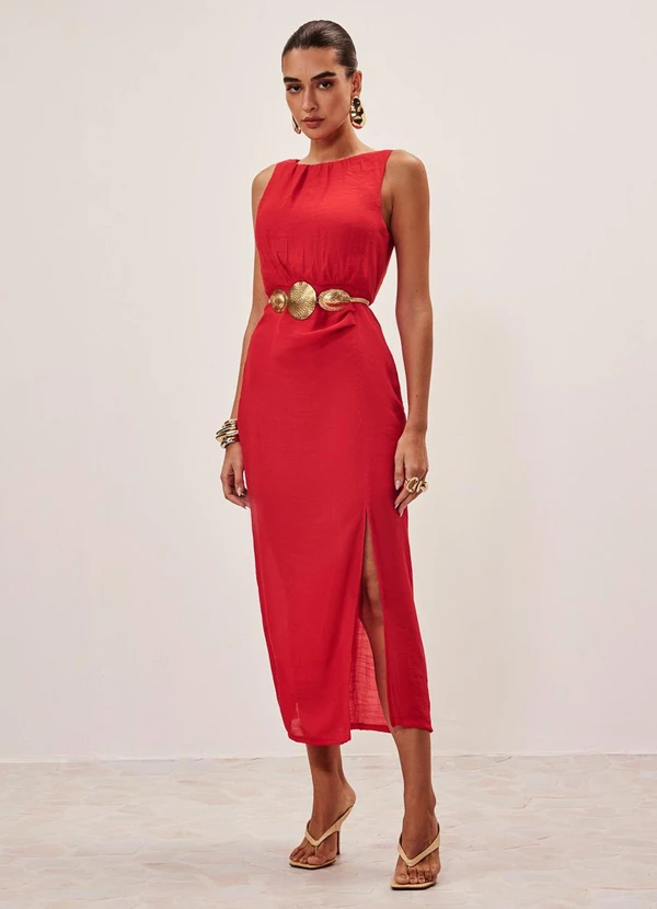 Elegance - Vestido Midi com Fenda Vermelho Red Pepper