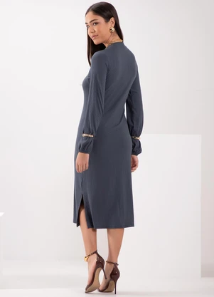 Lunender - Vestido Midi com Fendas Laterais em Malha Azul - LUNENDER