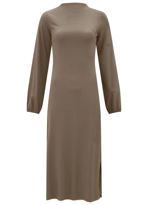 Lunender - Vestido Midi com Fendas Laterais em Malha Marrom - LUNENDER