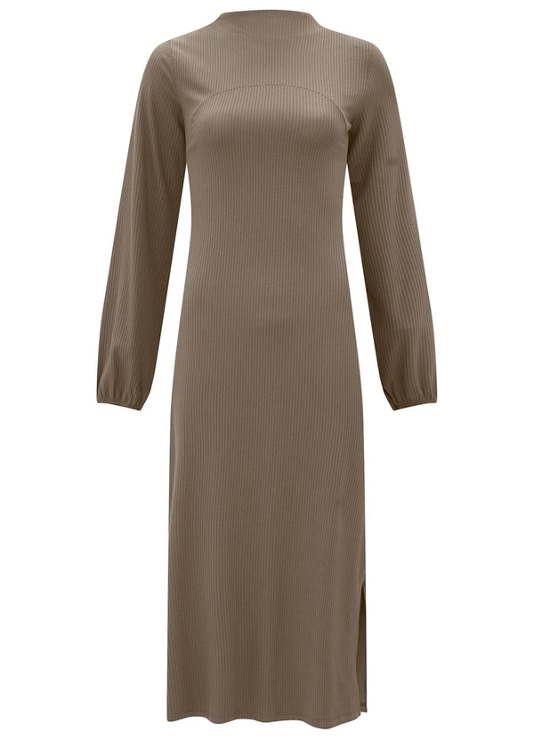 Lunender - Vestido Midi com Fendas Laterais em Malha Marrom