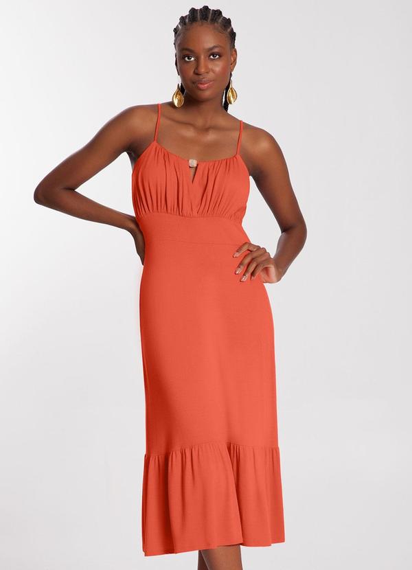 Lunender - Vestido Midi com Franzido Busto e Babado Laranja