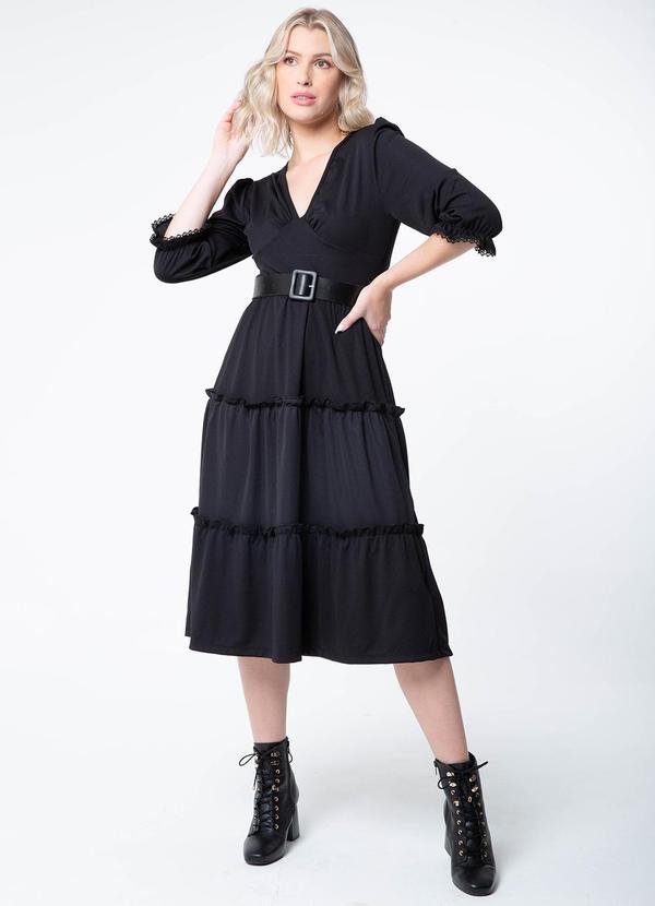 Misiss - Vestido Midi com Frufru Fábia Preto