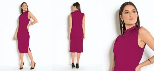 Vestido Midi com Gola Alta e Fenda Bord