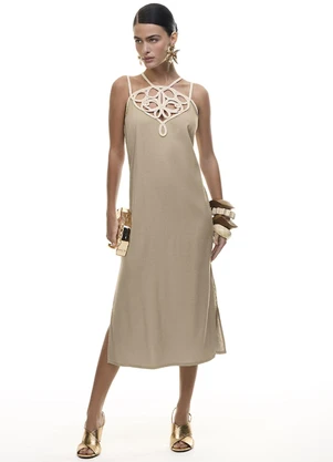 Gris - Vestido Midi com Linho e Bordado Marrom - GRIS