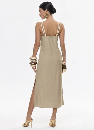 Gris - Vestido Midi com Linho e Bordado Marrom - GRIS