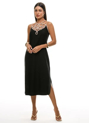 Gris - Vestido Midi com Linho e Bordado Preto - GRIS