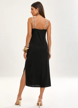 Gris - Vestido Midi com Linho e Bordado Preto - GRIS