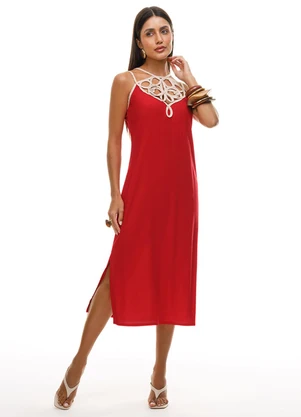 Gris - Vestido Midi com Linho e Bordado Vermelho - GRIS