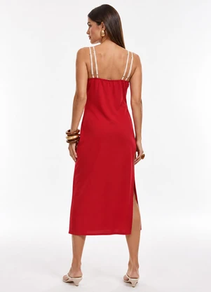 Gris - Vestido Midi com Linho e Bordado Vermelho - GRIS