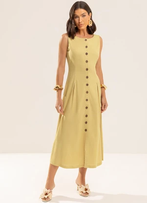 Gris - Vestido Midi com Linho e Elastano Amarelo - GRIS