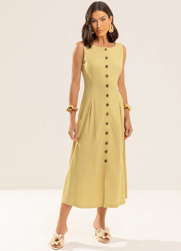 Gris - Vestido Midi com Linho e Elastano Amarelo