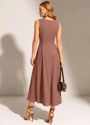 Gris - Vestido Midi com Linho e Elastano Marrom - GRIS