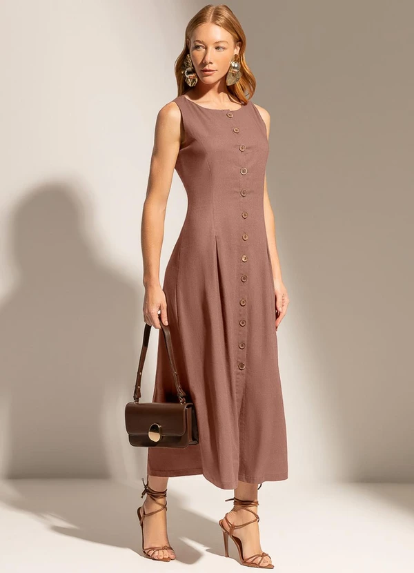 Gris - Vestido Midi com Linho e Elastano Marrom