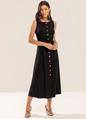 Gris - Vestido Midi com Linho e Elastano Preto - GRIS
