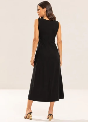Gris - Vestido Midi com Linho e Elastano Preto - GRIS