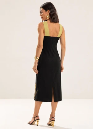 Gris - Vestido Midi com Linho e Elastano Preto - GRIS