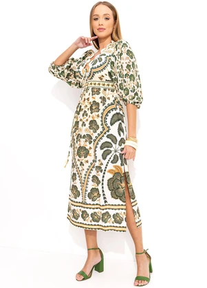 Farm - Vestido Midi com Manga em Viscose Verde - FARM