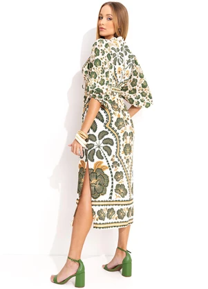 Farm - Vestido Midi com Manga em Viscose Verde - FARM