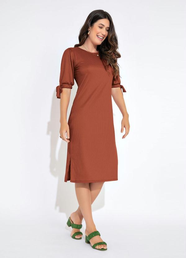 bonprix - Vestido Midi com Mangas Amarração Ferrugem
