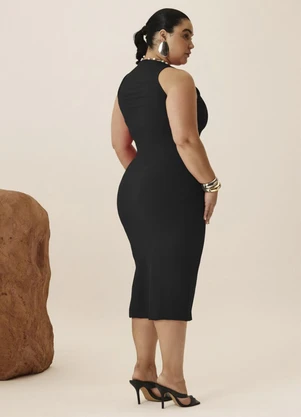 Elegance - Vestido Midi com Torcido na Frente Preto - ELEGANCE