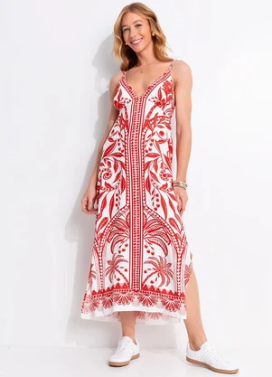 Farm - Vestido Midi Coqueiro de Flor Vermelho - FARM