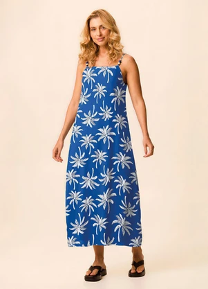 Malwee - Vestido Mídi Coqueiros em Viscolinho Azul - MALWEE