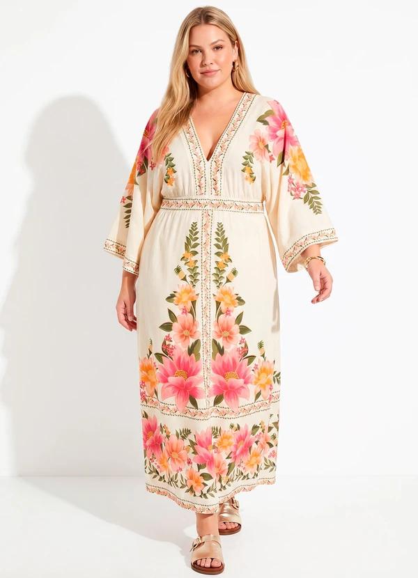 Farm - Vestido Midi Cropped Carolina Bege