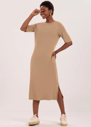 Lunender - Vestido Midi D com Bolsos Laterais Bege - LUNENDER