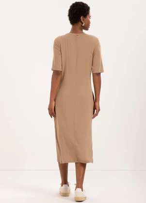 Lunender - Vestido Midi D com Bolsos Laterais Bege - LUNENDER