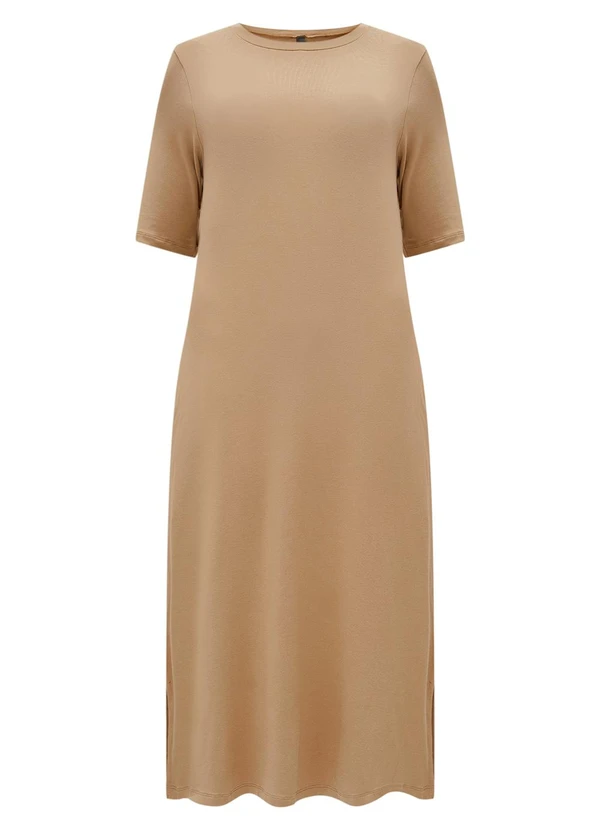 Lunender - Vestido Midi D com Bolsos Laterais Bege 4