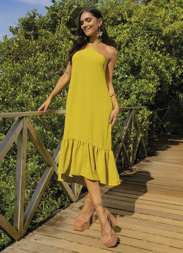 Rovitex - Vestido Midi de Alça e Babados em Air Flow Amarelo