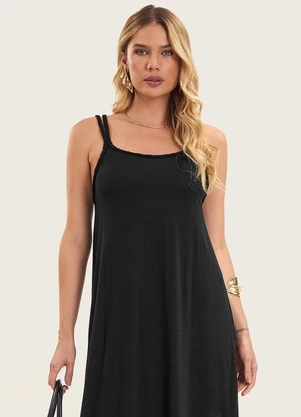 Endless - Vestido Midi de Alça em Visco Maquinetada Preto - ENDLESS