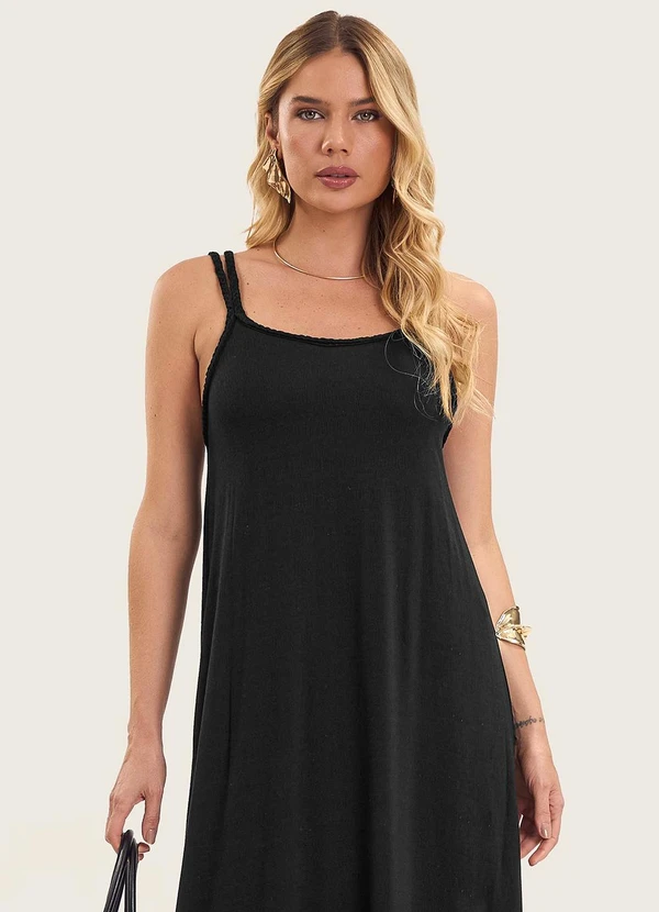 Endless - Vestido Midi de Alça em Visco Maquinetada Preto 2