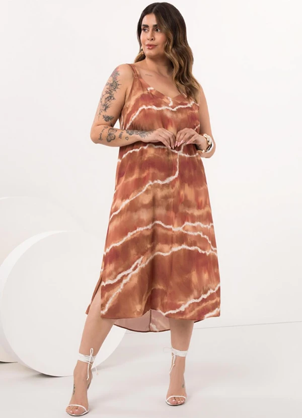 Lunender Mais Mulher - Vestido Midi de Alças com Decote em V Bege 3