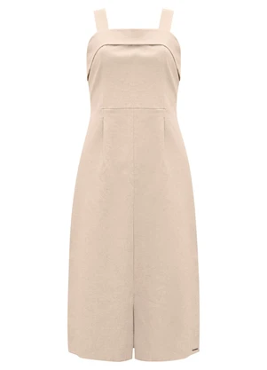 Lunender - Vestido Midi de Alças com Fenda em Tecido Bege - LUNENDER