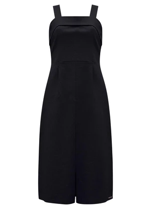 Lunender - Vestido Midi de Alças com Fenda em Tecido Preto - LUNENDER