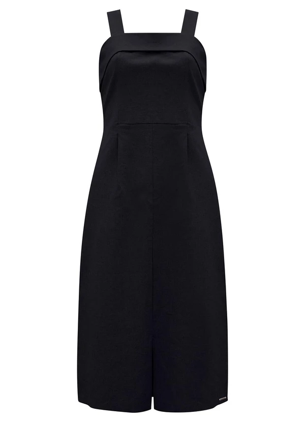 Lunender - Vestido Midi de Alças com Fenda em Tecido Preto
