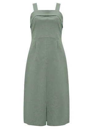 Lunender - Vestido Midi de Alças com Fenda em Tecido Verde - LUNENDER
