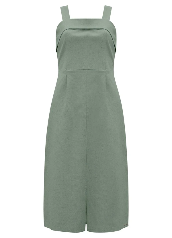 Lunender - Vestido Midi de Alças com Fenda em Tecido Verde