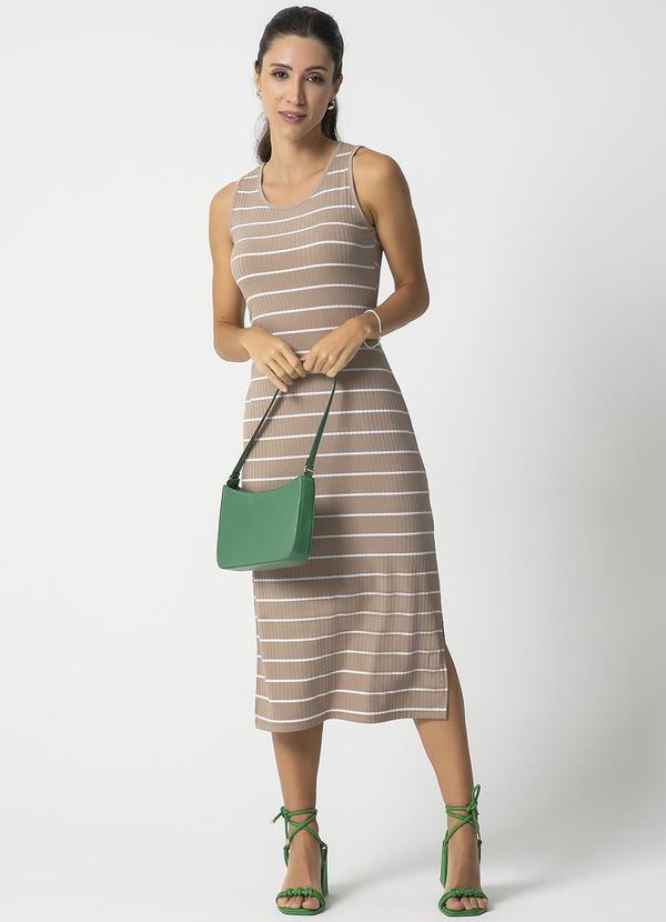 Habana - Vestido Midi de Canelado Listrado Bege