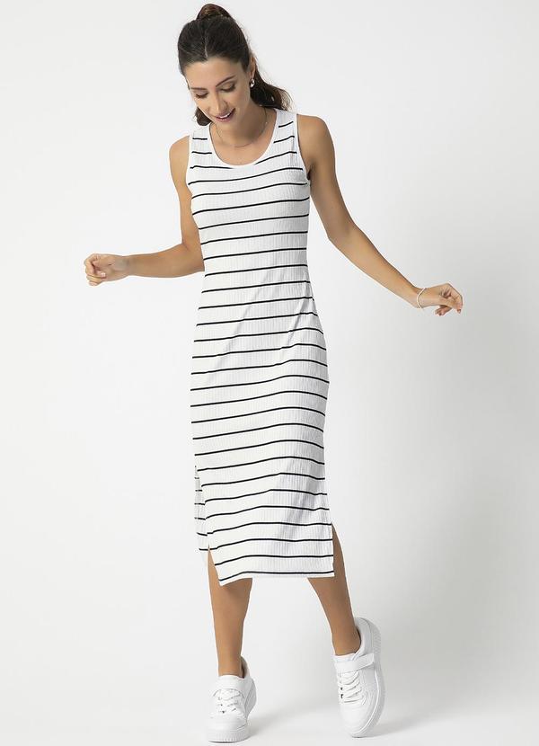 Habana - Vestido Midi de Canelado Listrado Branco