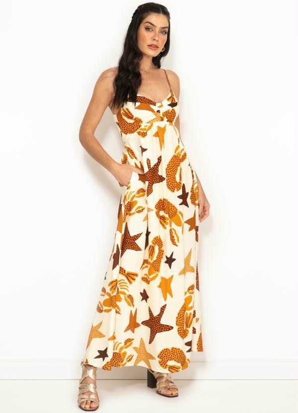 Farm - Vestido Midi de Linho Céu de Lagosta Bege