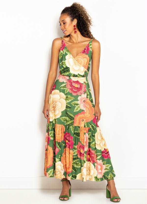 Farm - Vestido Midi de Linho Dinamarca Floral Verde