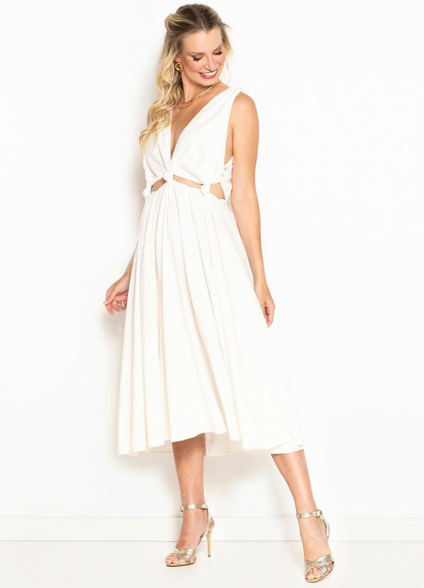 Farm - Vestido Midi de Linho Nó com Recortes Off White