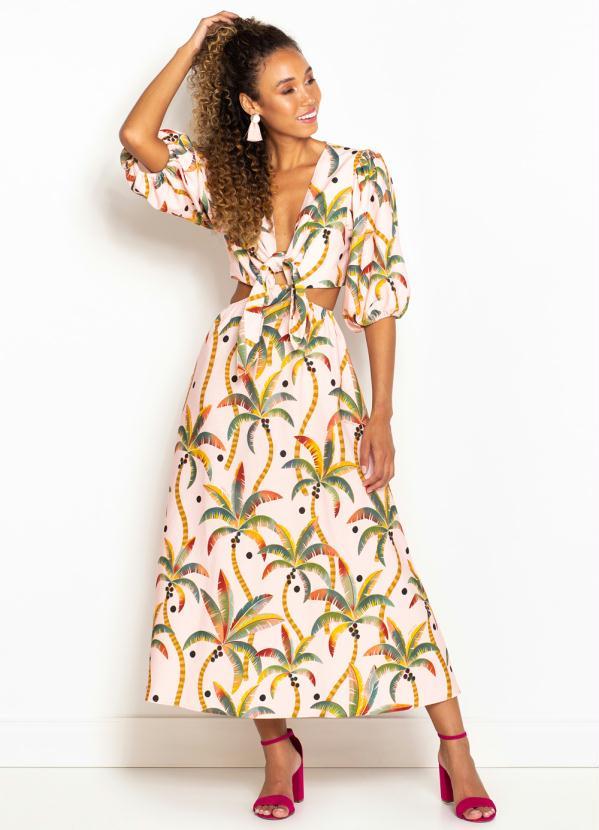 Farm - Vestido Midi de Linho Samba dos Coqueiros Rosa